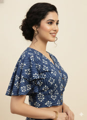 Indigo Dyed Ruffle Sleeves Blouse