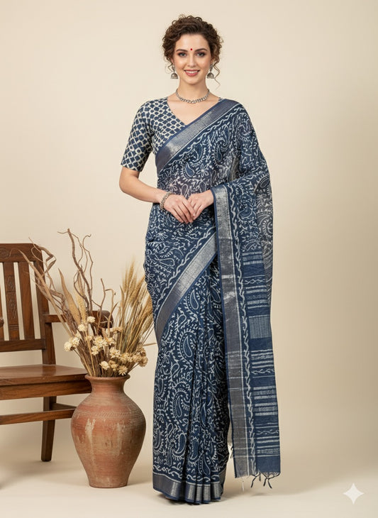 INDIGO Printed Cotton Linen Saree
