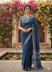 INDIGO Printed Cotton Linen Saree