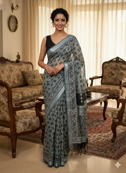 AJRAKH DABO Printed Cotton Linen Saree