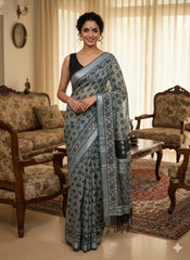 AJRAKH DABO Printed Cotton Linen Saree