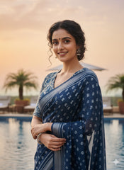 INDIGO Printed Cotton Linen Saree