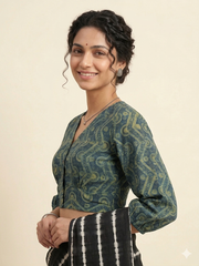 Indigo Dyed Hand Block Printed Collared Blouse