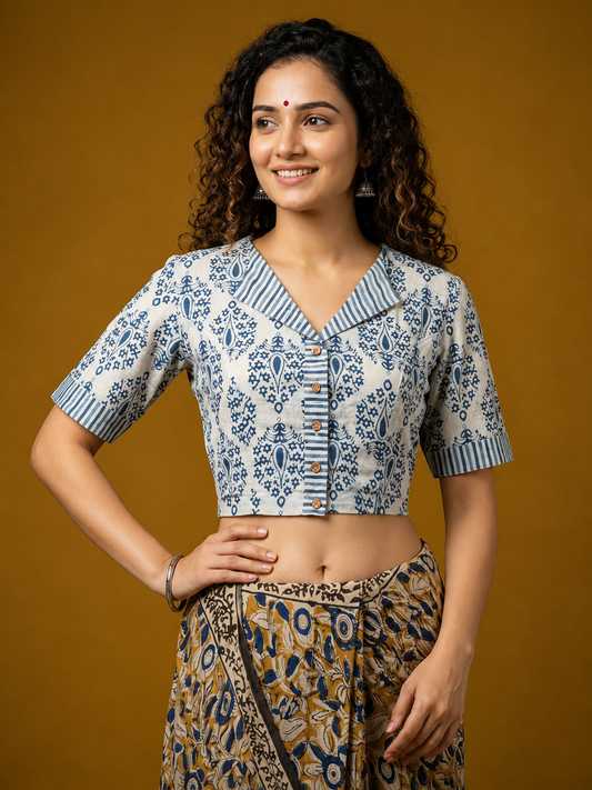 Indigo Dyed Hand Block Printed Collared Blouse