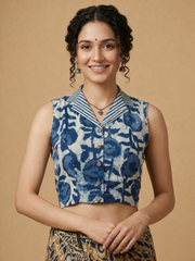 Indigo Dyed Hand Block Printed Collared Blouse