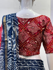 Ajrakh Mashru Silk Mirror Work Padded Blouse in Bandhani Print