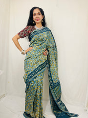 Chanderi Silk Saree in Dabo & Ajrakh Print