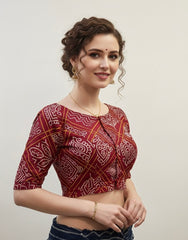 Ajrakh Mashru Silk Mirror Work Padded Blouse in Bandhani Print