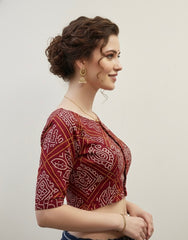 Ajrakh Mashru Silk Mirror Work Padded Blouse in Bandhani Print