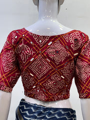 Ajrakh Mashru Silk Mirror Work Padded Blouse in Bandhani Print