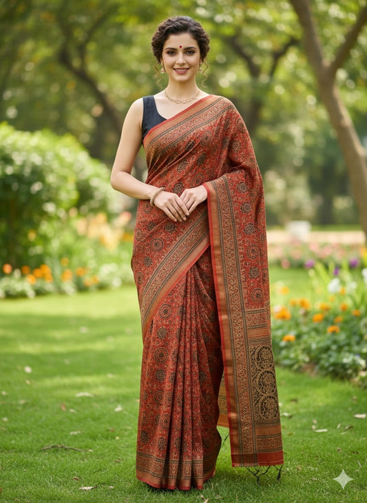 AJRAKH Hand Block Printed Chanderi Silk Saree