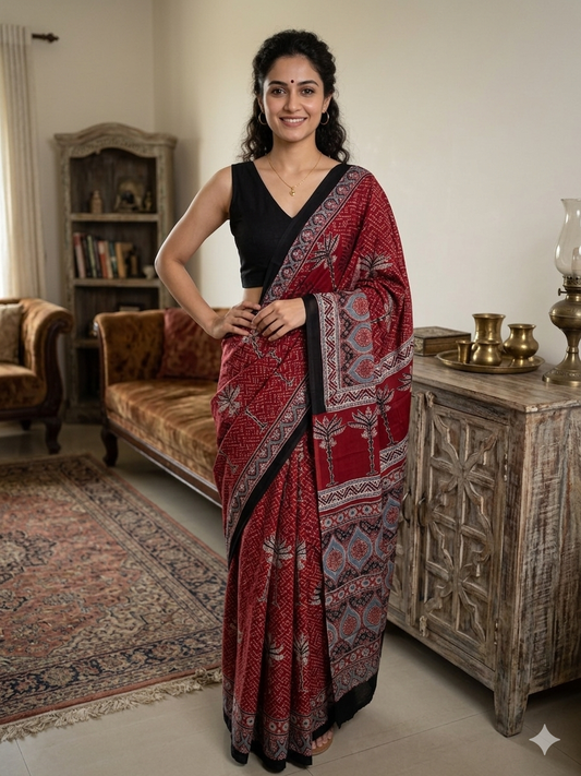AJRAKH Printed Modal Silk Saree