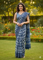 Natural Indigo Dyed Chanderi Silk Saree