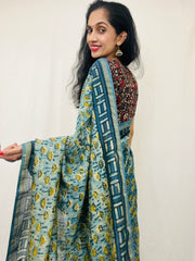Chanderi Silk Saree in Dabo & Ajrakh Print
