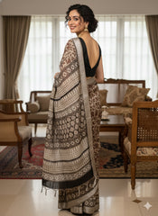 AJRAKH DABO Printed Cotton Linen Saree
