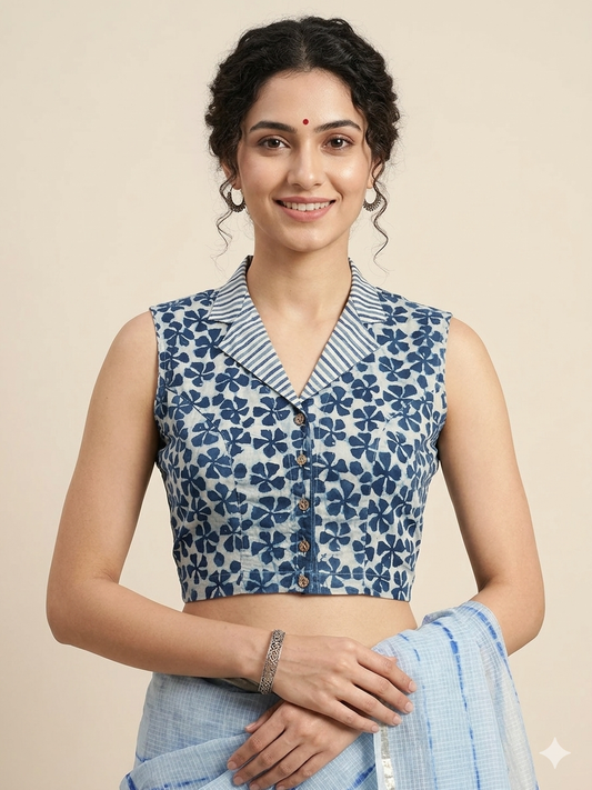 Indigo Dyed Hand Block Printed Collared Blouse