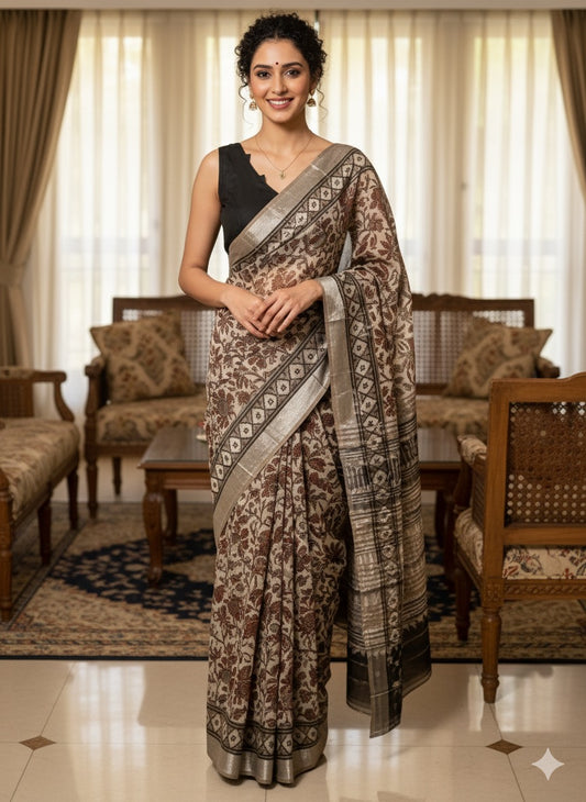 AJRAKH DABO Printed Cotton Linen Saree