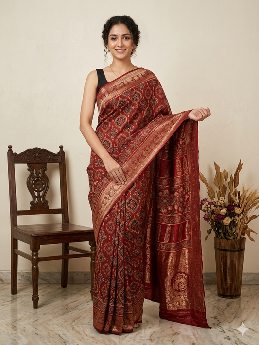 AJRAKH Printed Dola Silk Saree