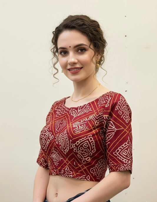 Ajrakh Mashru Silk Mirror Work Padded Blouse in Bandhani Print