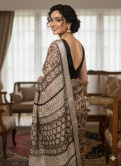 AJRAKH DABO Printed Cotton Linen Saree