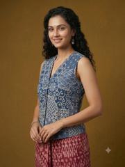 Indigo Hand Block Printed Jacket Blouse