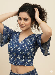 Indigo Dyed Ruffle Sleeves Blouse