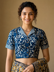 Indigo Dyed Hand Block Printed Collared Blouse