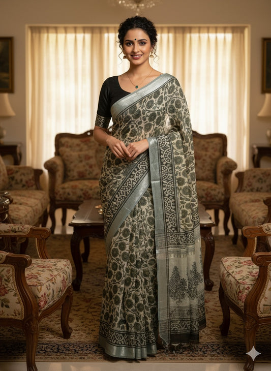 AJRAKH DABO Printed Cotton Linen Saree