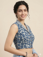 Indigo Dyed Hand Block Printed Collared Blouse