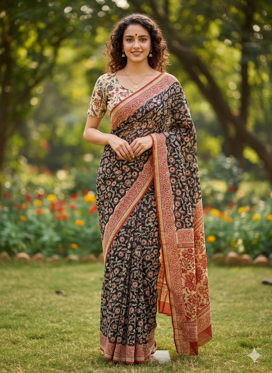 Kalamkari Hand Block Printed Chanderi Silk Saree