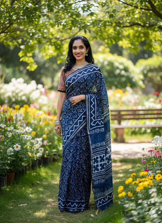 Natural Indigo Dyed Chanderi Silk Saree