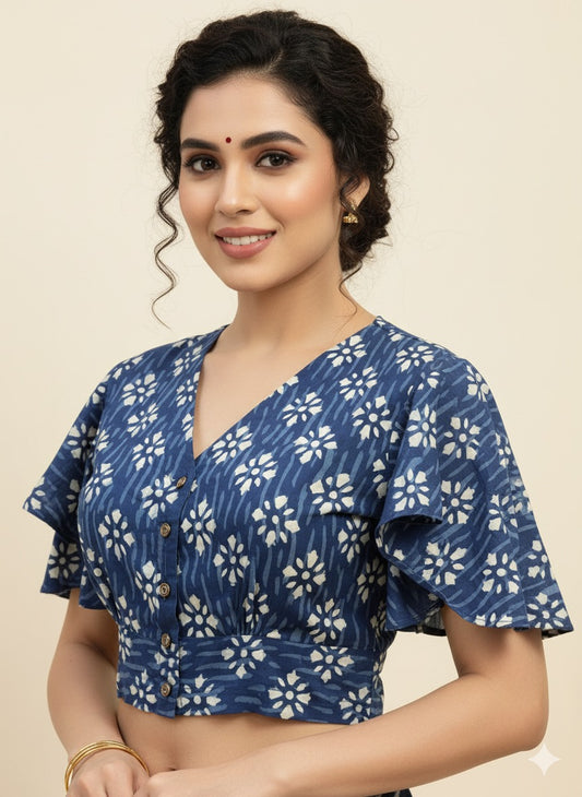 Indigo Dyed Ruffle Sleeves Blouse