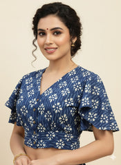 Indigo Dyed Ruffle Sleeves Blouse