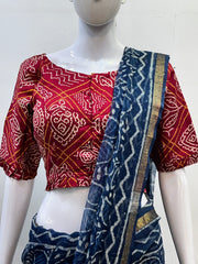 Ajrakh Mashru Silk Mirror Work Padded Blouse in Bandhani Print