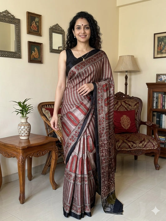 AJRAKH Printed Modal Silk Saree