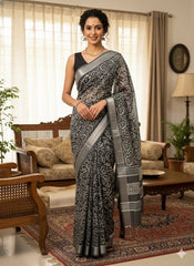 Hand Block Printed Cotton Linen Saree