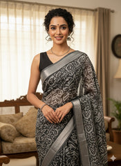 Hand Block Printed Cotton Linen Saree