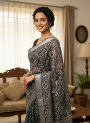 Hand Block Printed Cotton Linen Saree