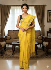 Hand Brush Painted Cotton Linen Saree