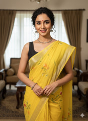 Hand Brush Painted Cotton Linen Saree