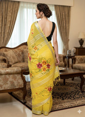 Hand Brush Painted Cotton Linen Saree