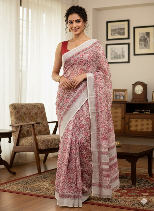 Hand Block Printed Cotton Linen Saree