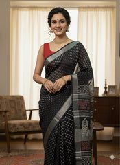 Hand Block Printed Cotton Linen Saree