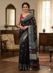 Hand Block Printed Cotton Linen Saree