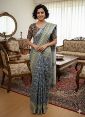 Hand Block Printed Cotton Linen Saree