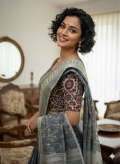 Hand Block Printed Cotton Linen Saree