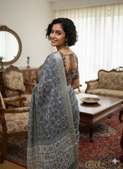 Hand Block Printed Cotton Linen Saree