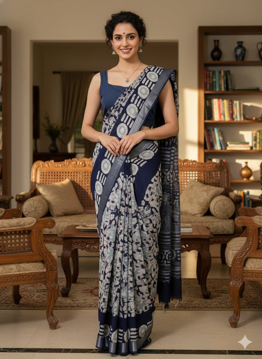 Batik Printed Cotton Linen Saree