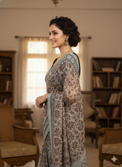 AJRAKH DABO Printed Cotton Linen Saree