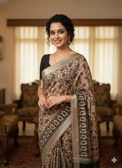 AJRAKH DABO Printed Cotton Linen Saree